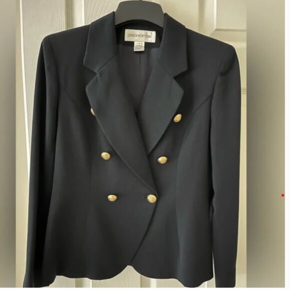 Jones New York Black Double Breasted Blazer Gold Button Size 4 Structured Jacket - Picture 2 of 5